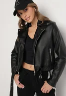 Kurtki damskie - Czarna Kurtka w Stylu Ramoneski z Paskiem Hallisen - miniaturka - grafika 1