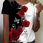 Bluzki damskie - TEMU T-shirt z nadrukiem róży, kolorowe b, swobodny top z okrągłym dekoltem i krótkim rękawem dla kobiet - miniaturka - grafika 1