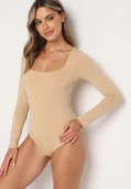 Body - Beżowe Body z Długim Rękawem i Kwadratowym Dekoltem Teraza - miniaturka - grafika 1