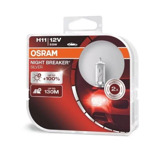 Osram Night Breaker Silver H11, 100% większa jasność, lampa halogenowa do reflektorów, 64211NBS-HCB, 12 V samochód, Duo Box (2 lampy) 64211NBS-HCB