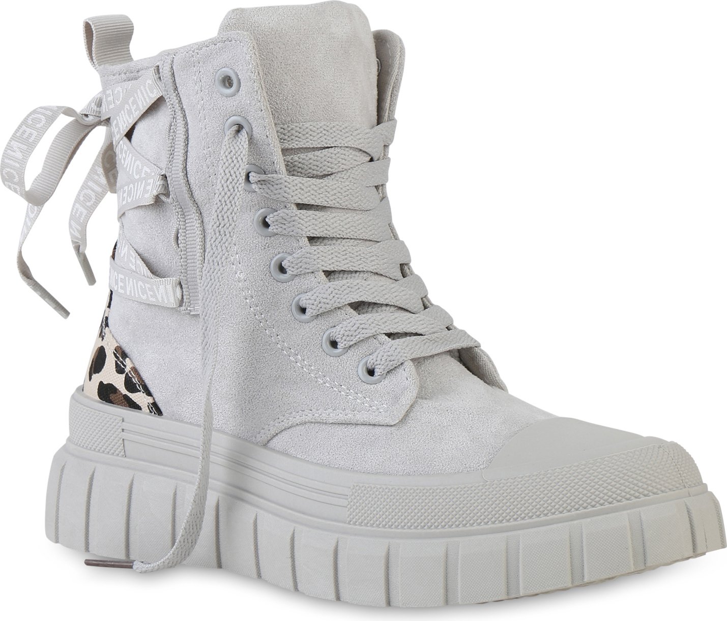 VAN HILL Damskie Trampki Wysokie Sznurowane Nadruki Profilowana Podeszwa Buty Rekreacyjne 841579, Kolor: Szary Leopard, Rozmiar: 37