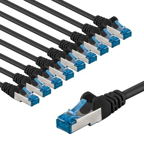 goobay 66044 Kabel sieciowy CAT 6A w zestawie 10 szt. / kabel krosowy ekranowany S/FTP/CU Ethernet, PiMF, LSZH/Cat 6a kabel z 10 Gbits/czarny / 10 x 1 m