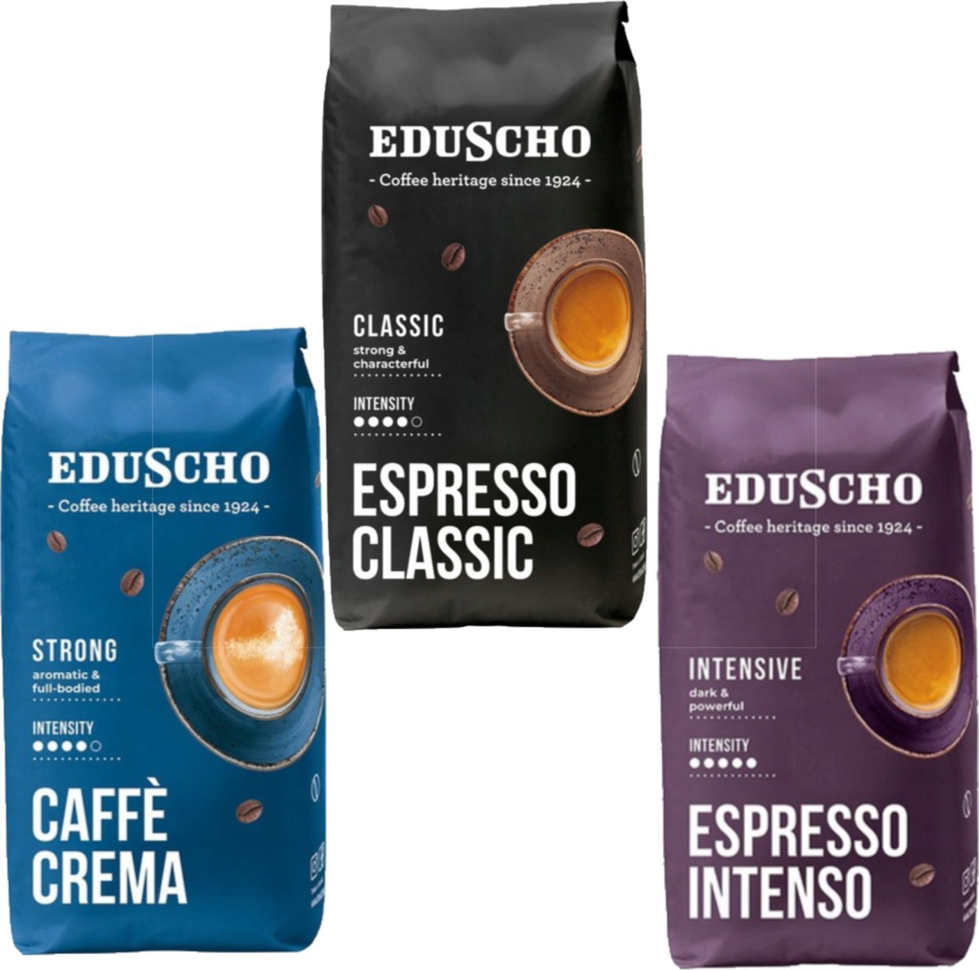 EDUSCHO ZESTAW KAW ZIARNISTYCH EDUSCHO CAFFE CREMA STRONG 1KG+ EDUSCHO ESPRESSO CLASSIC 1KG+ EDUSCHO ESPRESSO INTENSO 1KG