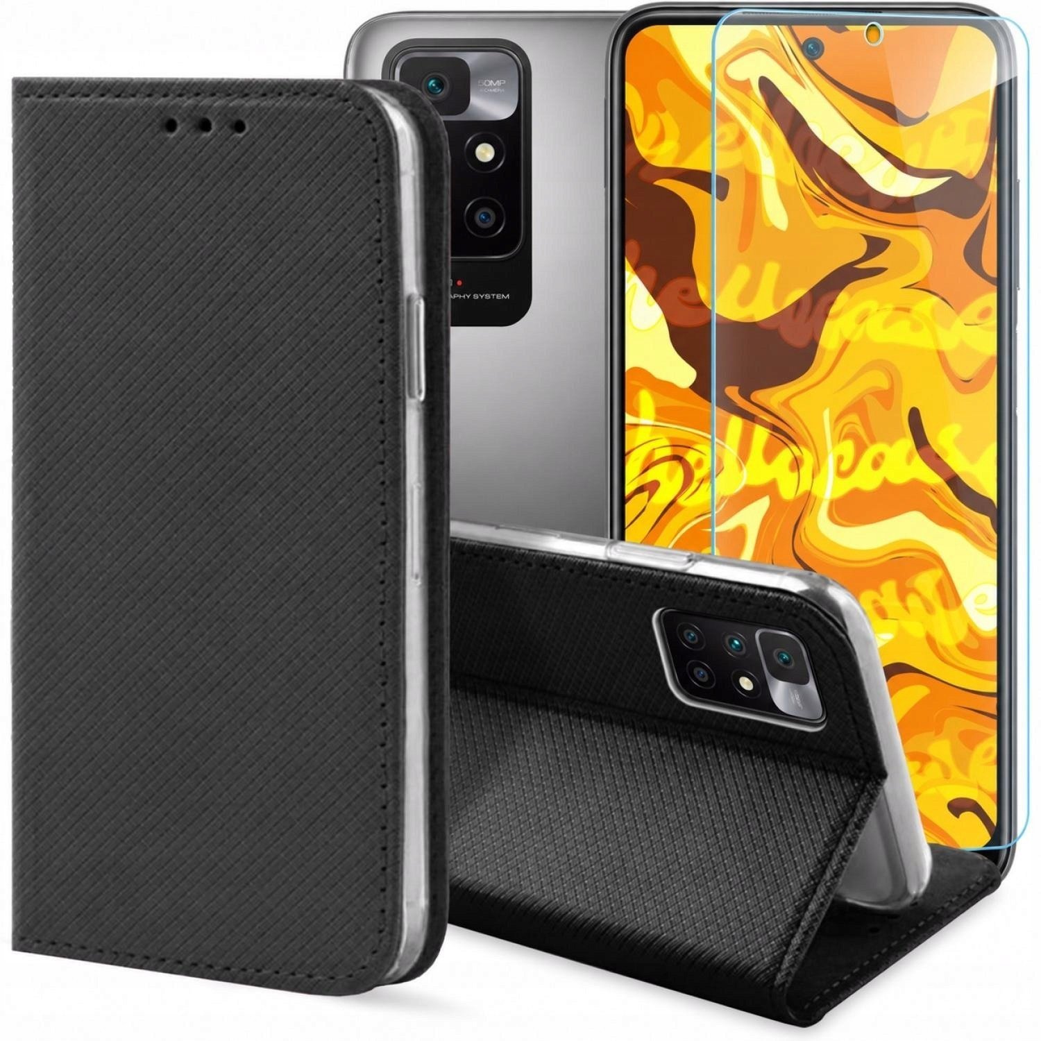 Hello Case Etui z Klapką Do Xiaomi Redmi 10 Czarne, Zamykane, Magnetyczne Szkło BNDL0576