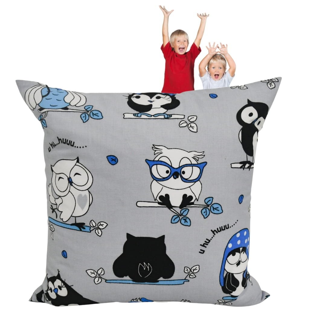Poszewka Dziecięca 40x40 Bawełniana JAŚ Szalone Sowy Niebieskie Na Szarym