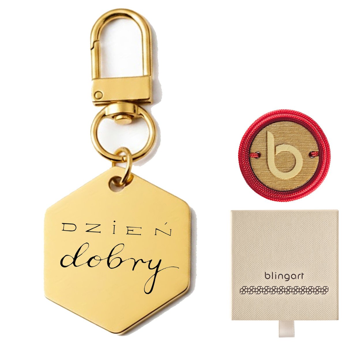 Brelok do kluczy z grawerem złoty heksagon stal ch