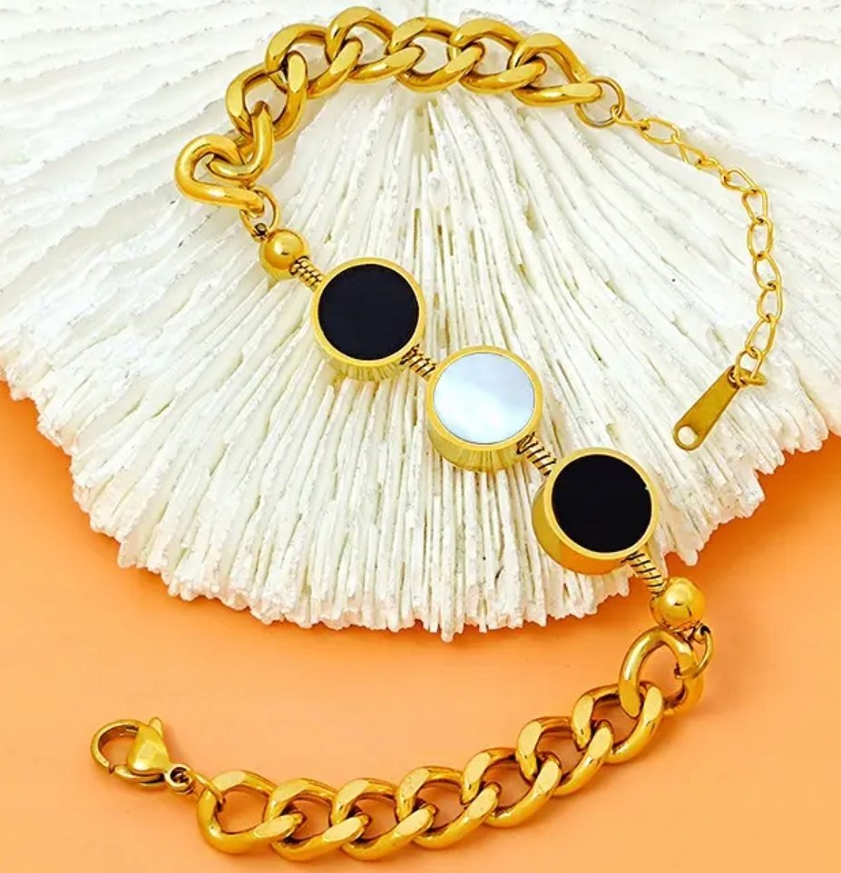 Złota Bransoletka Tarcze Masa Perłowa Onyks Łańcuszek Stal Szlachetna