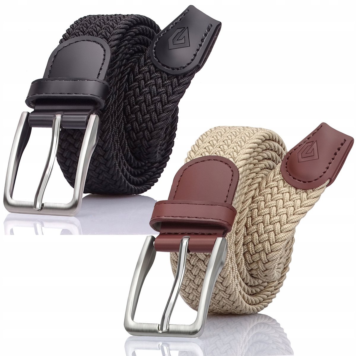 Zestaw Pasków Męskich Elastyczne Plecione Bez Dziurek Beżowy Czarny GRACIO