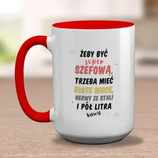 Duży kubek z nadrukiem dla szefowej - z czerwonym wnętrzem i uszkiem - Kubki - miniaturka - grafika 1