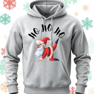 Bluza uniwersalna typu kangurka z kapturem Ho Ho Ho Mikołaj rozmiar S jasnoszara świąteczna - Bluzy męskie - miniaturka - grafika 1