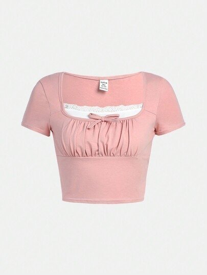 SHEIN TOP MŁODZIEŻOWY RÓŻOWY KORONKA 134-140cm ŁWH