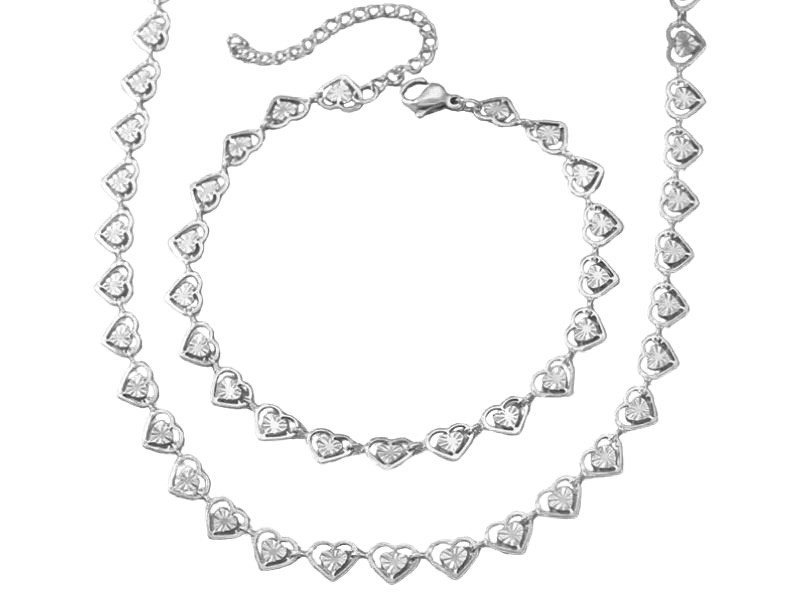 komplet biżuterii błyszczące serduszka serca elementowa kolia z ażurem