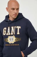 Bluzy męskie - Gant bluza męska kolor granatowy z kapturem z nadrukiem - miniaturka - grafika 1