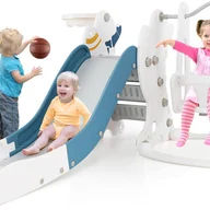 Place zabaw - 4 w 1 Zjeżdżalnia z Motywem Rakiety Kosmicznej, Huśtawka, Drabinki, Kosz do Koszykówki i Piłka, Zabaw dla Dzieci Powyżej 18 Miesięcy, Obciążenie 30 kg - miniaturka - grafika 1