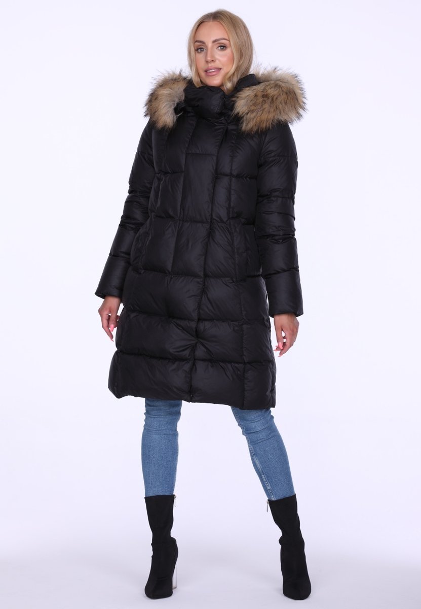 KURTKA DAMSKA ZIMOWA Z EKOLOGICZNYM FUTREM PRZY KAPTURZE