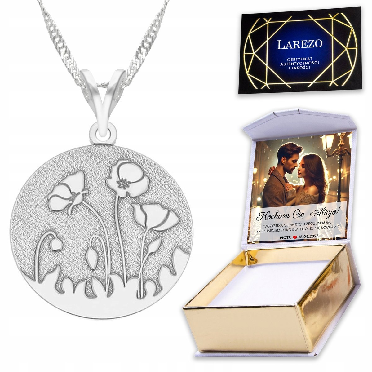 Naszyjnik Srebrny 925 Blaszka Maki Łąka Mak Kwiaty + WŁASNY NADRUK