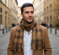 Apaszki i szaliki męskie - Szalik Męski Brązowy Karmelowy Kratka Wełna - miniaturka - grafika 1