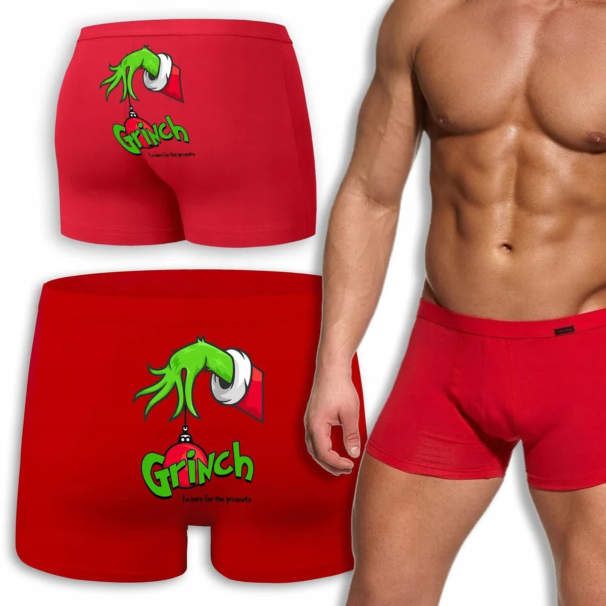 BOKSERKI MĘSKIE CZERWONE Na Prezent Święta Dla FANA GRINCH Wzory - XL