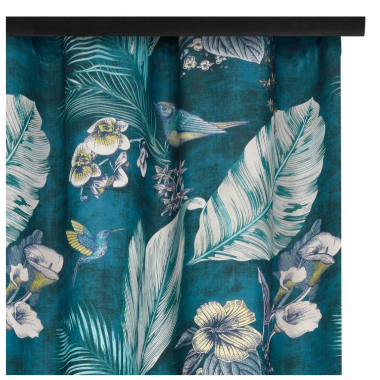 Voppi Zasłona dekoracyjna na taśmie na żabki tunel 140 x 280 cm niebieska zasłona okienna w pióra kwiaty i ptaki