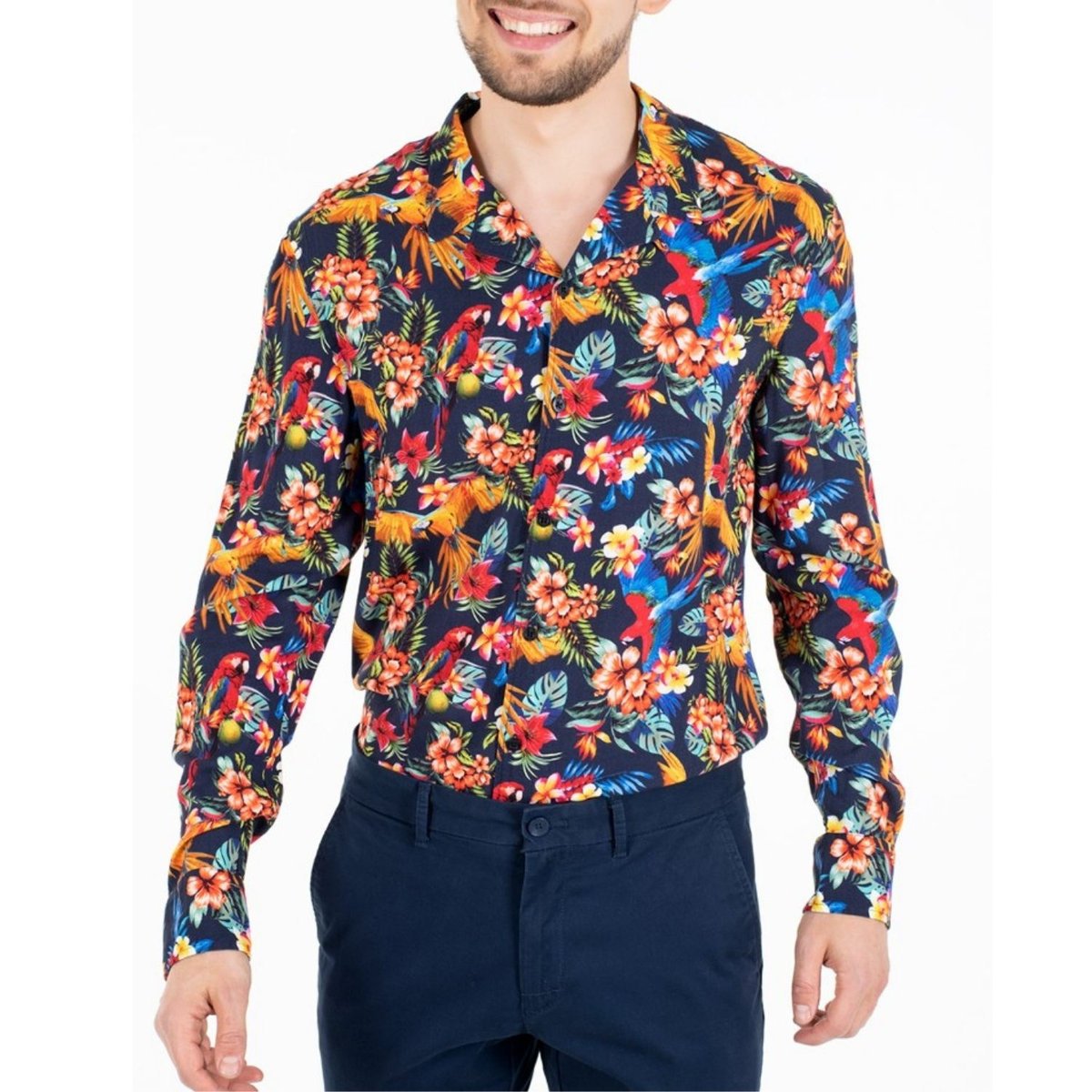 Koszula męska Guess klasyczna w kwiaty papugi granatowa-M