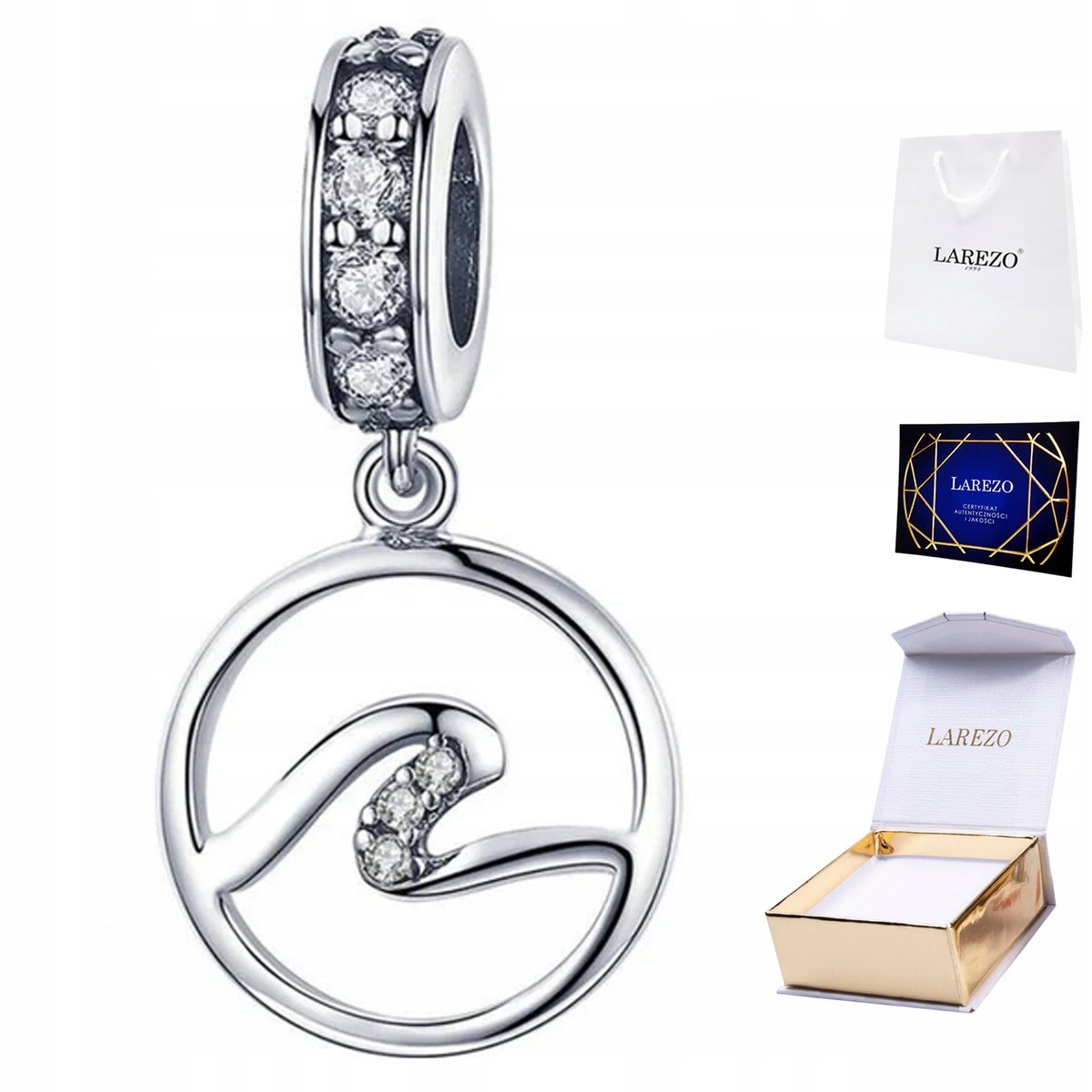 CHARMS SREBRNY Wiszący z Cyrkoniami Fala Morze Okrągły Morski SREBRO 925