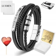 Bransolety męskie - Bransoletka Męska Czarna ze Skóry Srebrna GRAWER Prezent Dla Chłopaka Męża - miniaturka - grafika 1