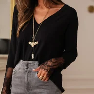 Bluzki damskie - TEMU Elegancka Bluzka Damska z Dekoltem w Serek i Koronkowym Wykończeniem - Jednokolorowa Koszulka z Długim Rękawem, Średnio Elastyczna, Casualowa i - miniaturka - grafika 1
