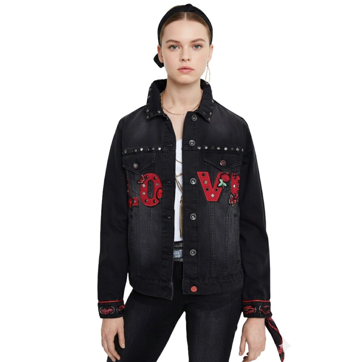 Kurtka damska Desigual Love Heart jeansowa z naszywkami-XS