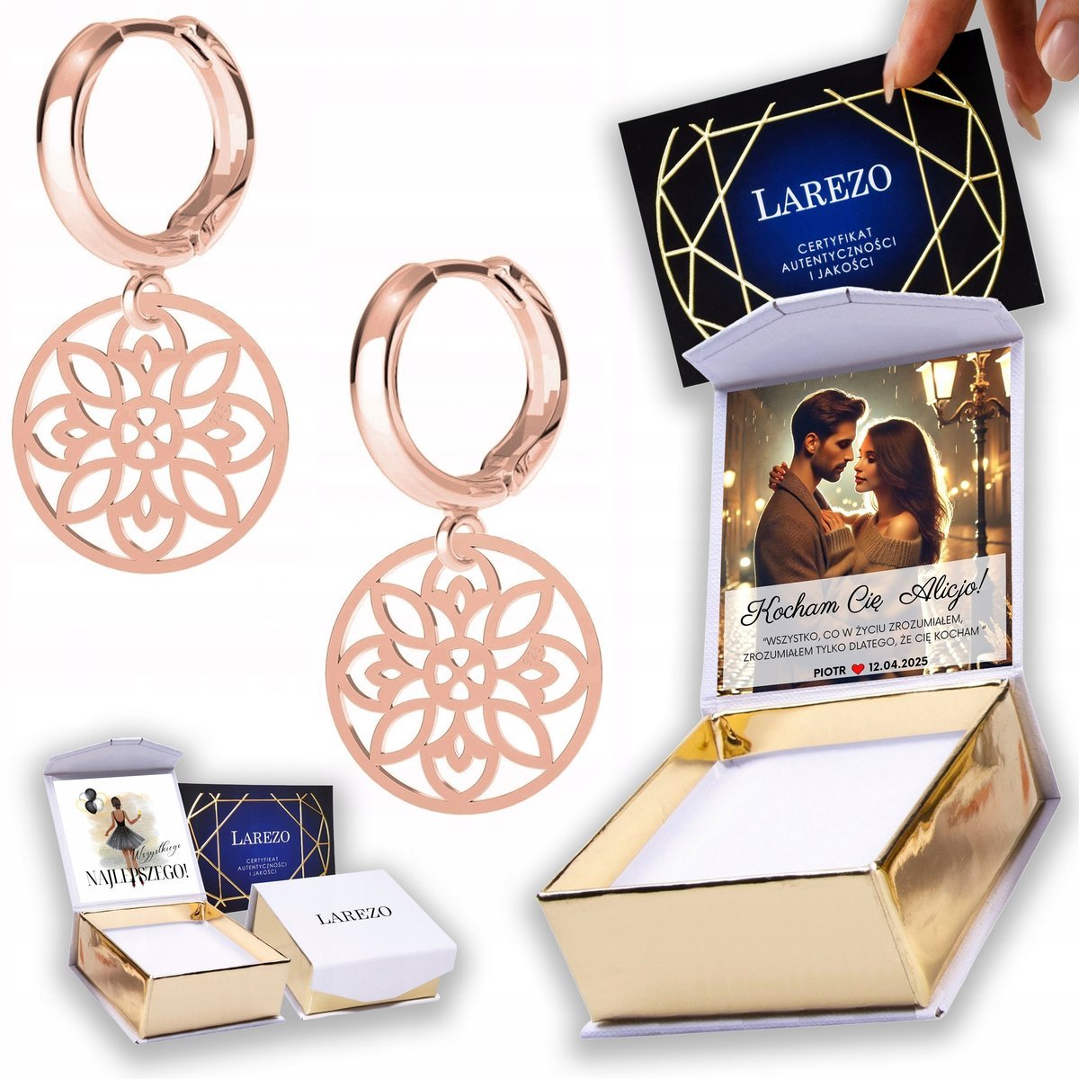 Kolczyki Pozłacane 925 Ażurowy Kwiat Blaszki z Kwiatkiem Kwiatki NADRUK