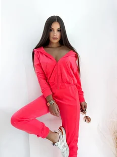 WELUROWY KOMPLET DRESOWY TAFFY Z LOGIEM BY MIELCZARKOWSKI BLUZA Z KAPTUREM + SPODNIE - NEON KORAL - Spodnie sportowe damskie - miniaturka - grafika 1