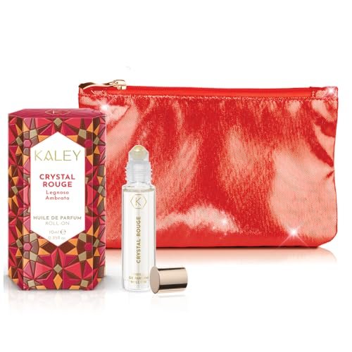 KALEY Pudełko prezentowe Crystal Rouge, perfumy olejowe Roll-On, intensywny zapach drzewny i bursztynowy, z kopertówką Deluxe Glitter, 10 ml, wyprodukowano we Włoszech