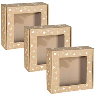 Zestawy upominkowe - Kwadratowe pudełko fasonowe z okienkiem, pudełko prezentowe z białym nadrukiem serduszka 20x20x5 cm x3 - miniaturka - grafika 1