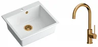 Zlewozmywaki z baterią - Quadron Zlewozmywak granitowy jednokomorowy 57*50*22 cm MORGAN 110 SNOW WHITE z miedzianym odpływem z baterią JODIE Q LINE SLIM kolor miedziany - miniaturka - grafika 1