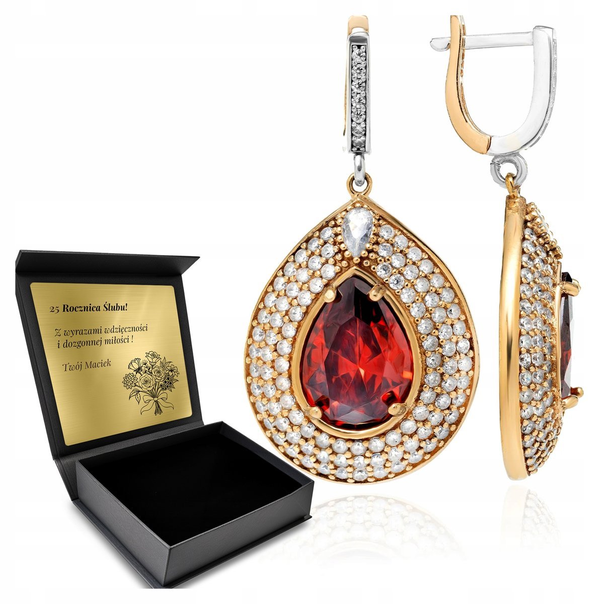Kolczyki Srebrne 925 Cyrkonie I Granat Biżuteria Dla Kobiety + Grawer