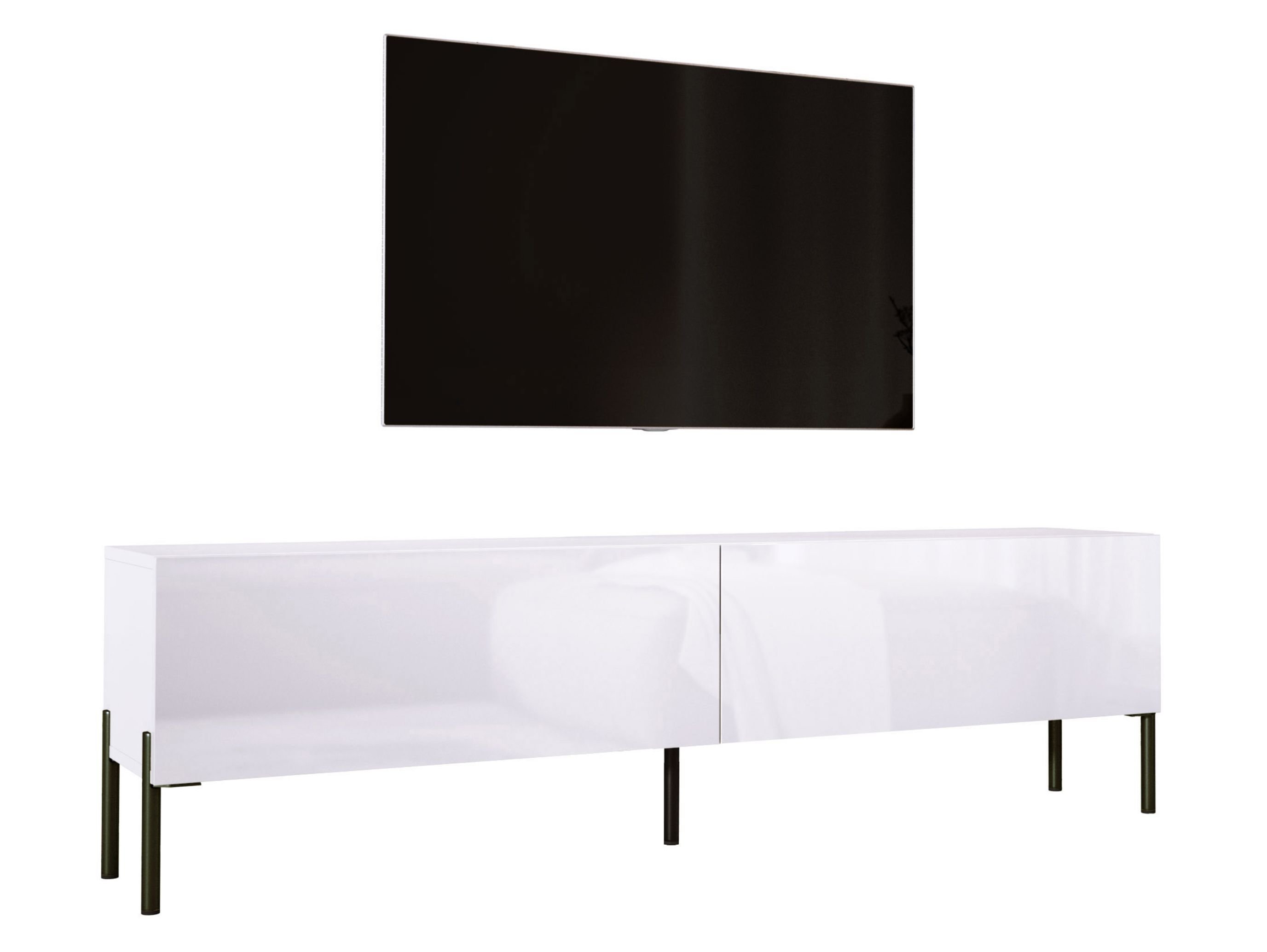 Szafka pod telewizor w kolorze białym matowym / białym błyszczącym z nogami w kolorze czarnym, A: szer: 170 cm cm, wys: 52 cm, gł: 32 cm. Meble pod telewizor, stolik pod telewizor, ława pod telewizor