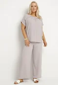 Komplety damskie - Szary Komplet z Bawełną Bluzka z Marszczeniem i Szerokie Spodnie Jenindriela - miniaturka - grafika 1