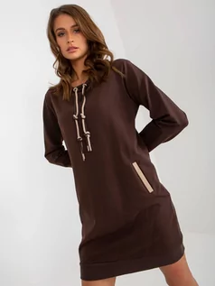 Bluzki damskie - Tunika sportowa / dresowa ciemny brązowy sukienka dekolt okrągły rękaw długi długość mini troczki kieszenie - grafika 1