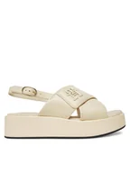 Sandały damskie - Tommy Hilfiger Sandały Th Logo Hw Padded Leather Sandal FW0FW08808 Beżowy - miniaturka - grafika 1