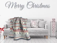 Koce - Koc bawełniany akrylowy 150x200 18100 A świąteczny Merry Christmas choinki domki śnieżki szary kremowy czerwony - miniaturka - grafika 1