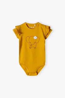 Body dla niemowląt - Dzianinowe body z krótkim rękawem - pomarańczowe ze słonikiem - grafika 1