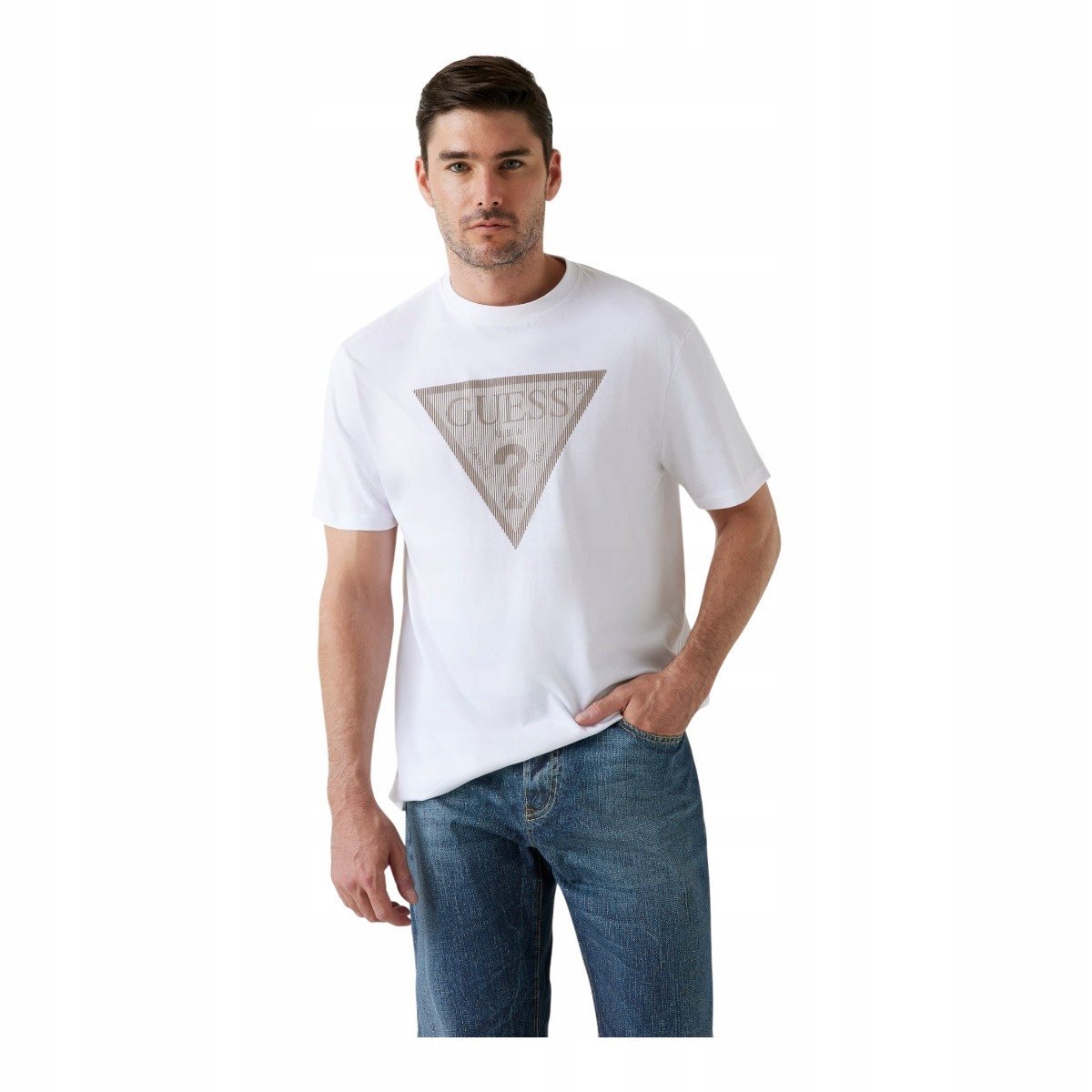 GUESS KOSZULKA MĘSKA T-SHIRT CN SS TRIANGLE LOGO BIAŁA r.XL