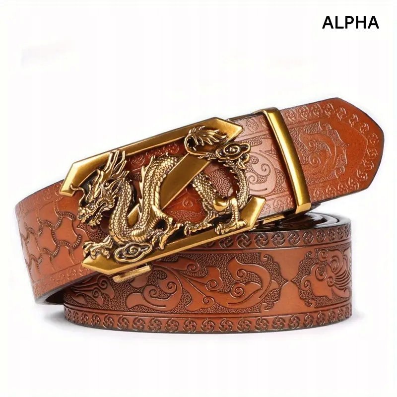 Pas pasek SKÓRZANY AUTOMATYCZNY BRĄZOWY LITERA Z złota klamra SMOK 130 cm