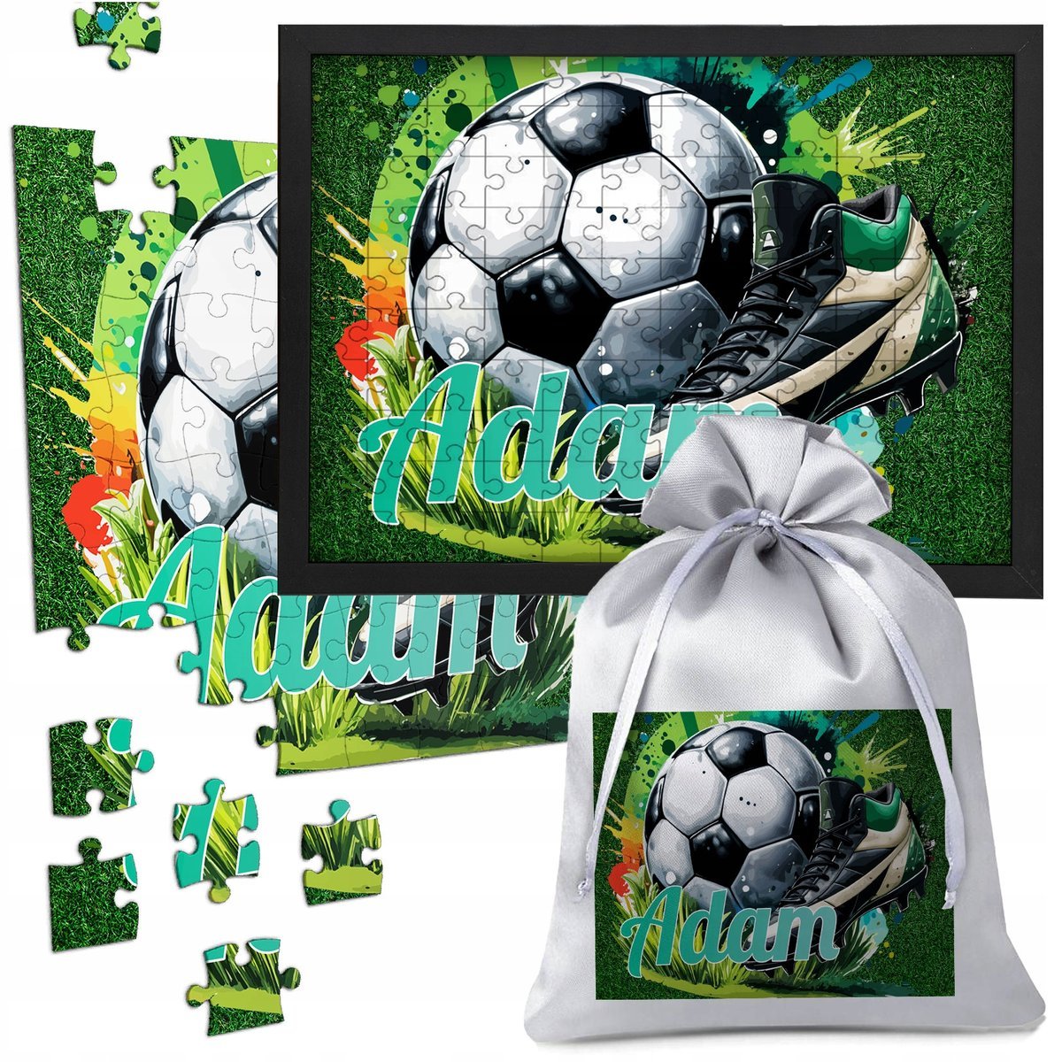 PUZZLE PIŁKA PIŁKARZA KORKI MIŚ 120 el W RAMCE A4 IMIĘ PREZENT DLA DZIECKA