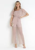 Kombinezony - Jasnobeżowy Kombinezon z Ozdobną Narzutką i Gumką w Pasie Ophisima - miniaturka - grafika 1