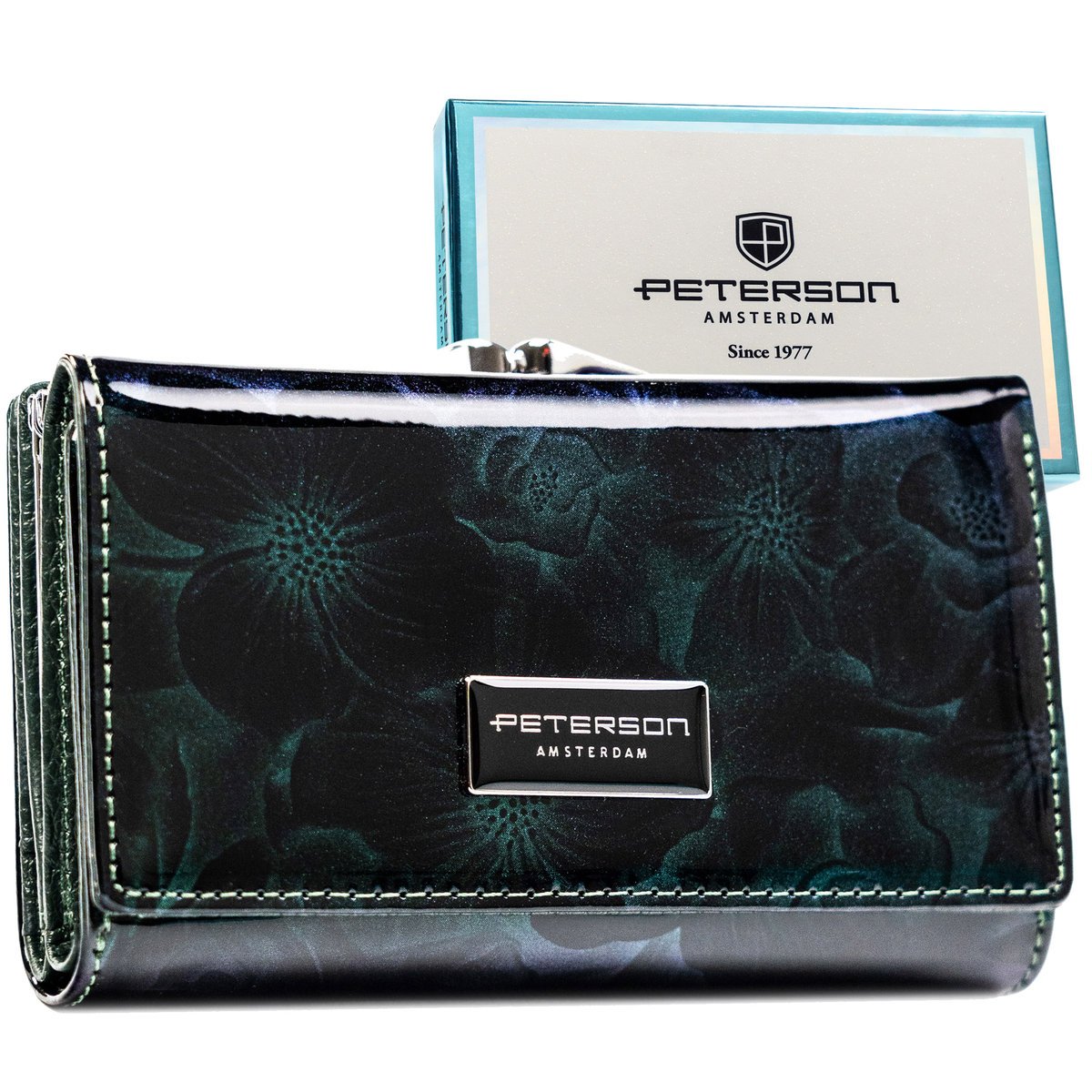 Średniej wielkości zielona lakierowana portmonetka damska na zatrzask i bigiel PETERSON portfel w kwiaty skóra naturalna i ekologiczna pudełko preze..