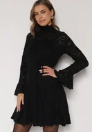 Sukienki - Czarna Koronkowa Sukienka z Wiązaniem Półgolfem i Falbankami Alnefera - miniaturka - grafika 1