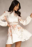 Sukienki - Beżowa Sukienka o Rozkloszowanym Kroju z Paskiem w Kwiaty Melvivis - miniaturka - grafika 1