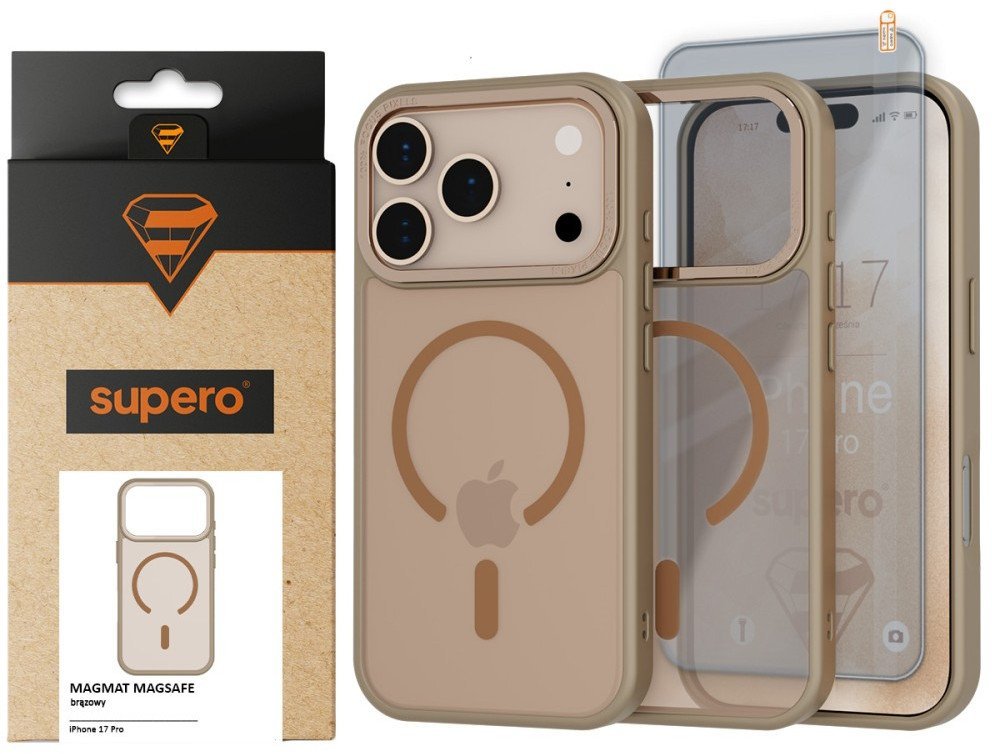 Etui matowe Supero Magmat MagSafe do iPhone 17 Pro, beżowe + szkło
