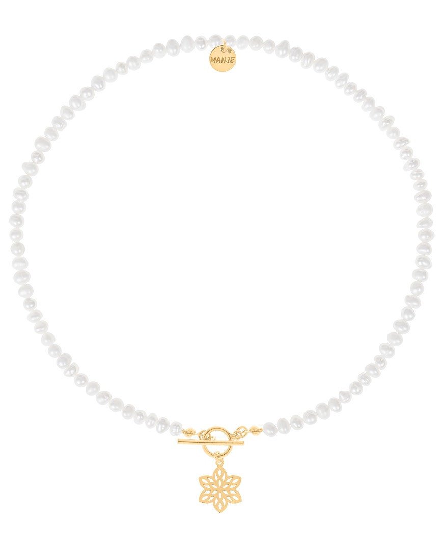 Naszyjnik z pereł z pozłacanym ażurowym kwiatkiem 45 cm