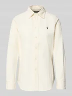 Koszule damskie - Bluzka koszulowa o kroju slim fit ze sztruksu z wyhaftowanym logo - miniaturka - grafika 1